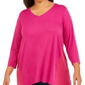 JM Collection Plus Size Studded Mixed-Media Top 2X